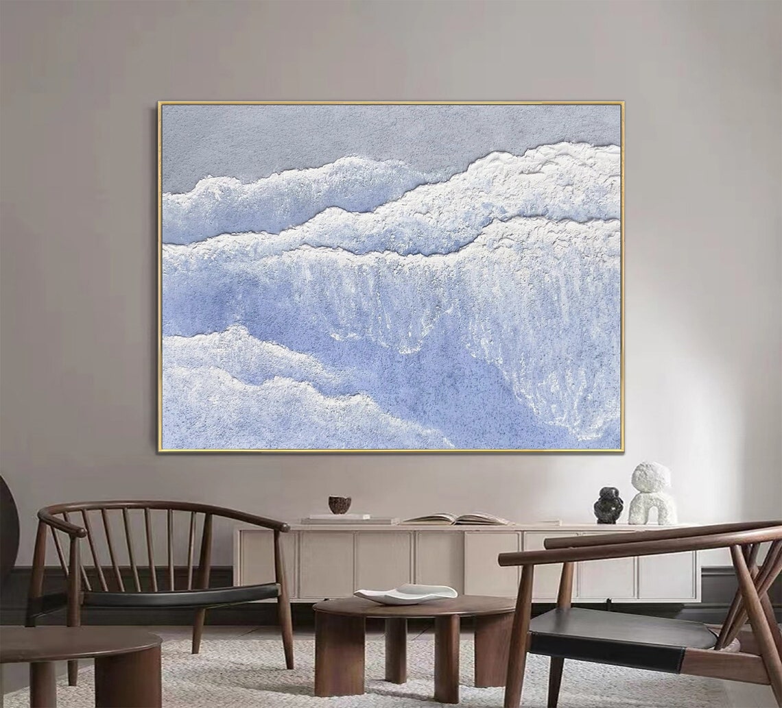 Pale Blue Ocean Waves White Foam Textured Abstract Impasto Poster - Image 3