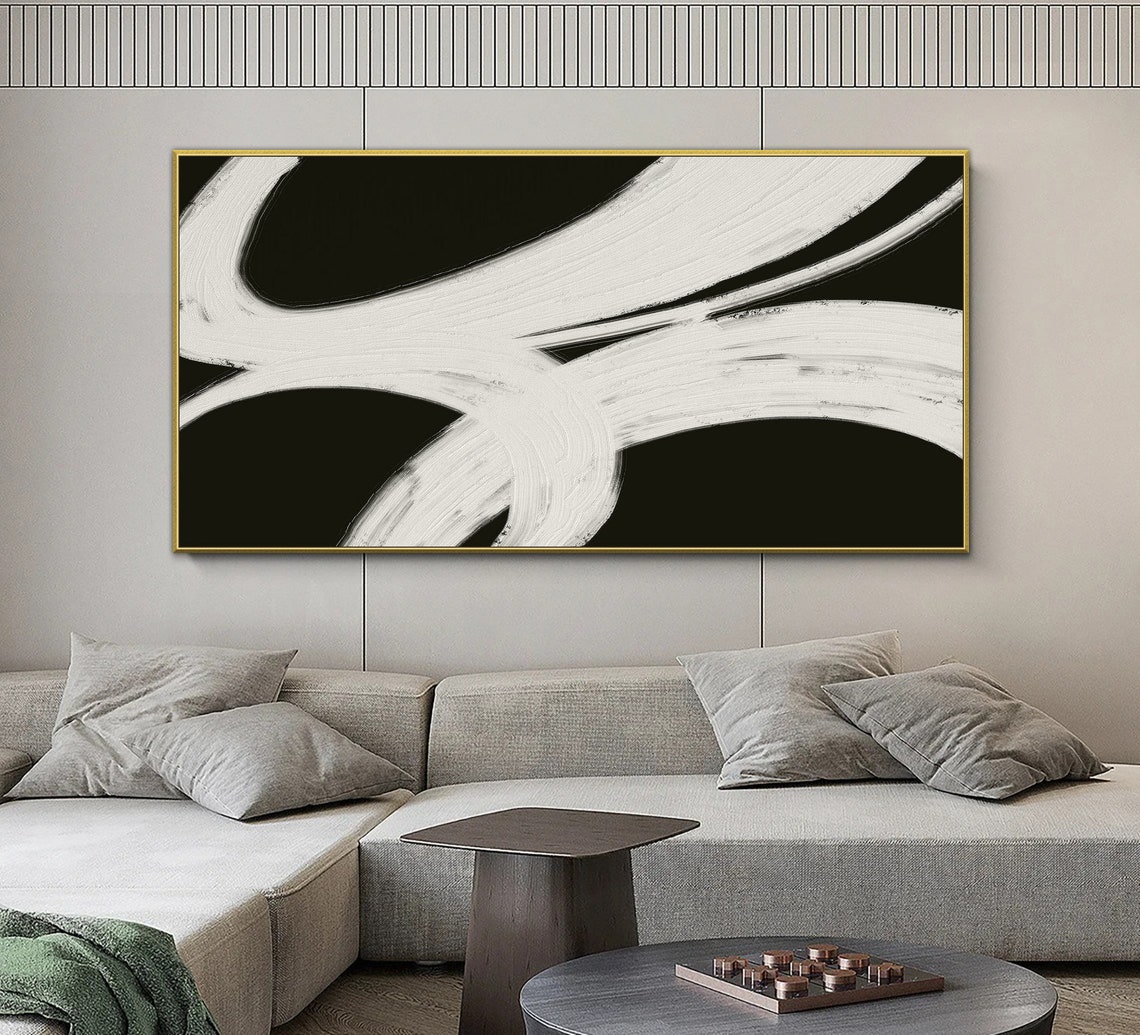 White Diagonal Sweep Brushstrokes On Black Abstract Art Poster - Image 2