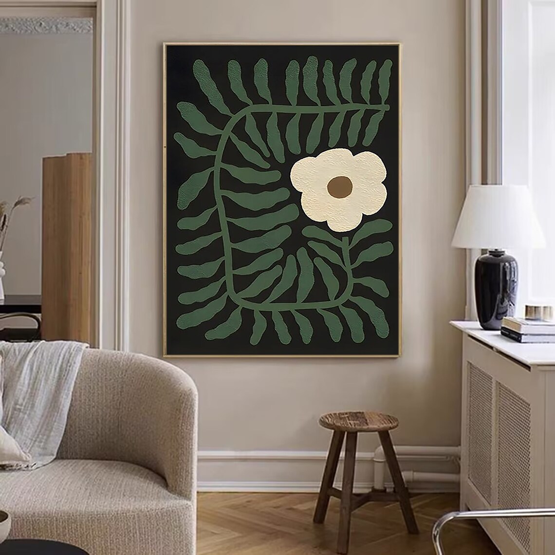 Cream Flower and Green Fern Arch on Black Botanical Art Poster - Image 4