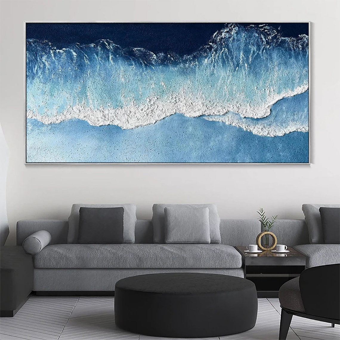Wide Panoramic Blue Ocean Wave Textured Seascape Wall Poster - Image 2