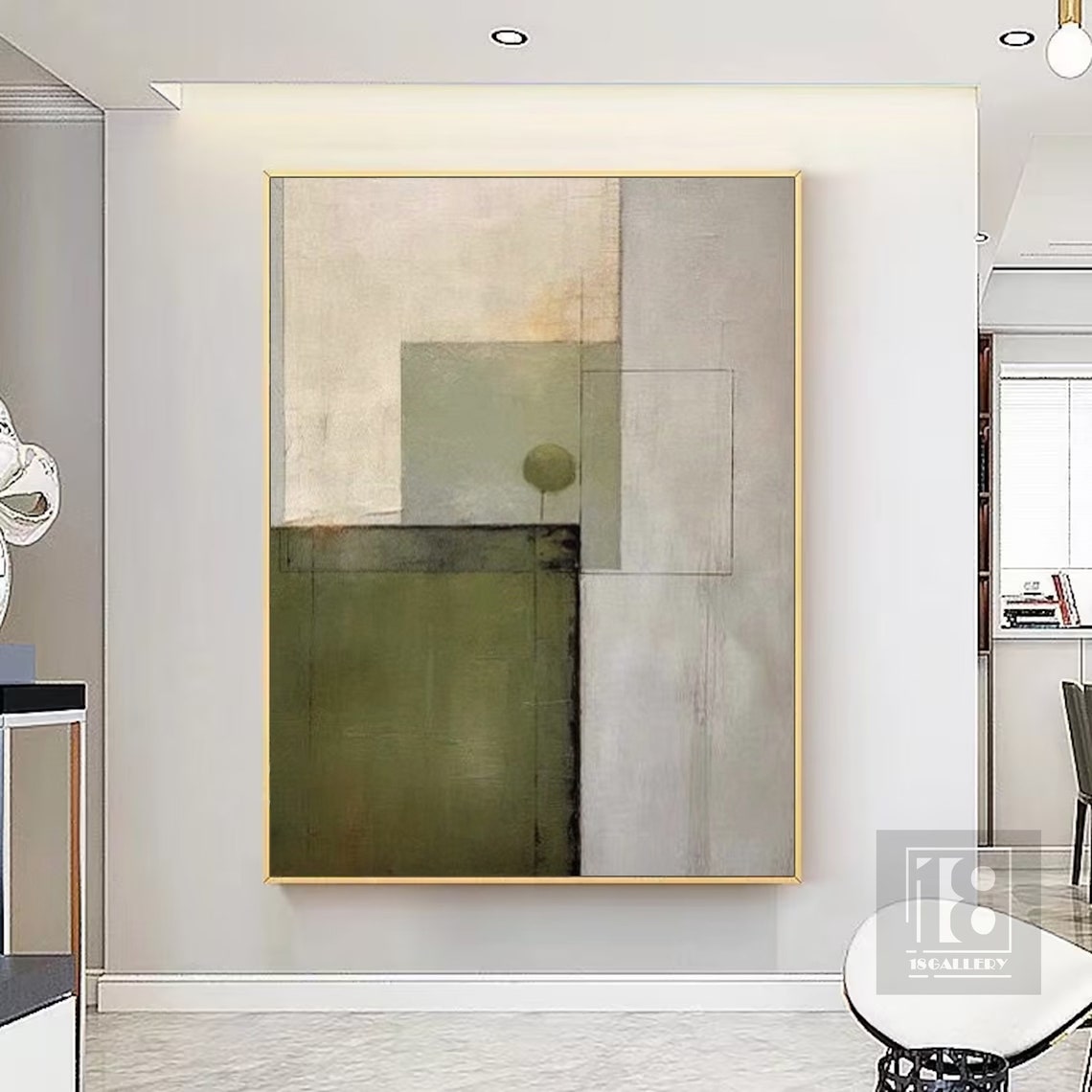 Cream Beige Olive Geometric Block Minimalist Abstract Painting Poster - Image 3