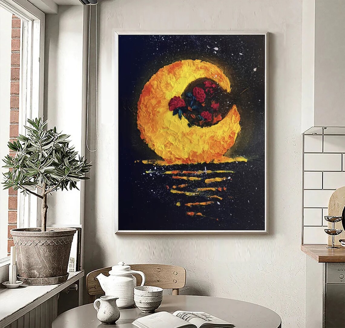 Golden Crescent Moon Roses Night Sky Textured Oil Painting Poster - Image 5