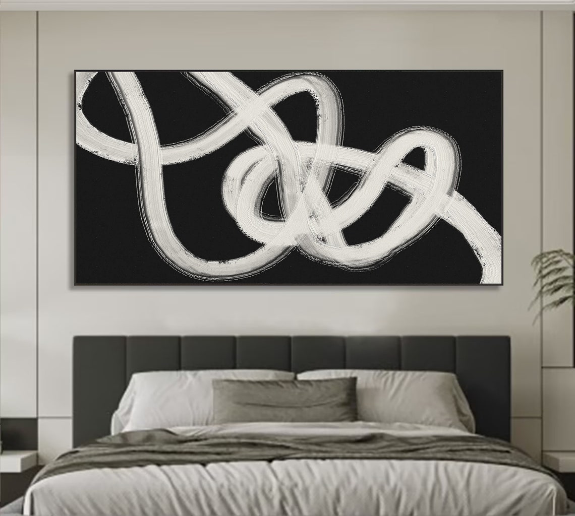 White Tangled Knot Brushstrokes On Black Abstract Art Poster - Image 3