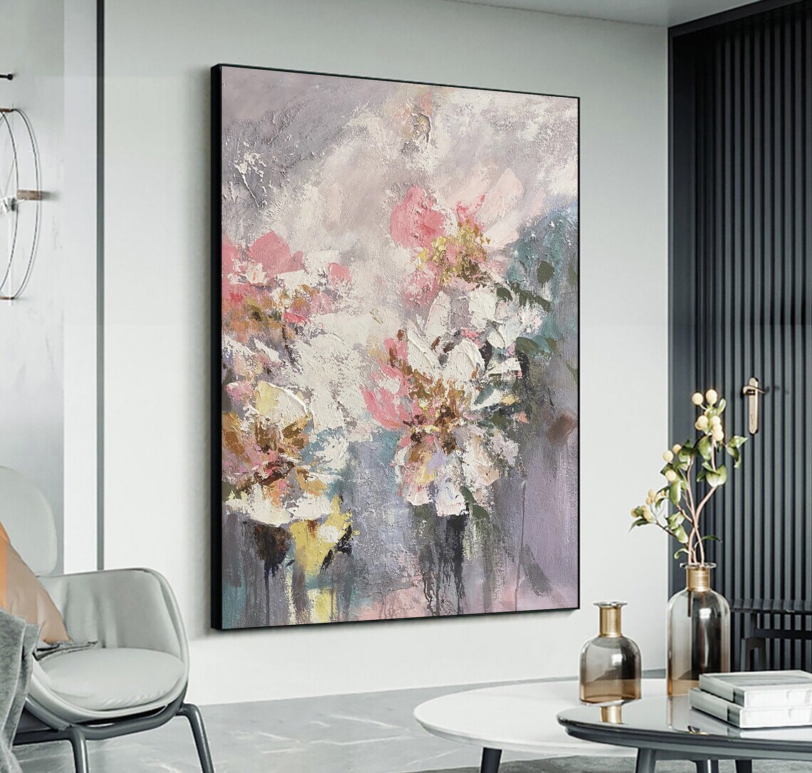 Pink White Impasto Flower Bouquet Abstract Floral Painting Poster - Image 2