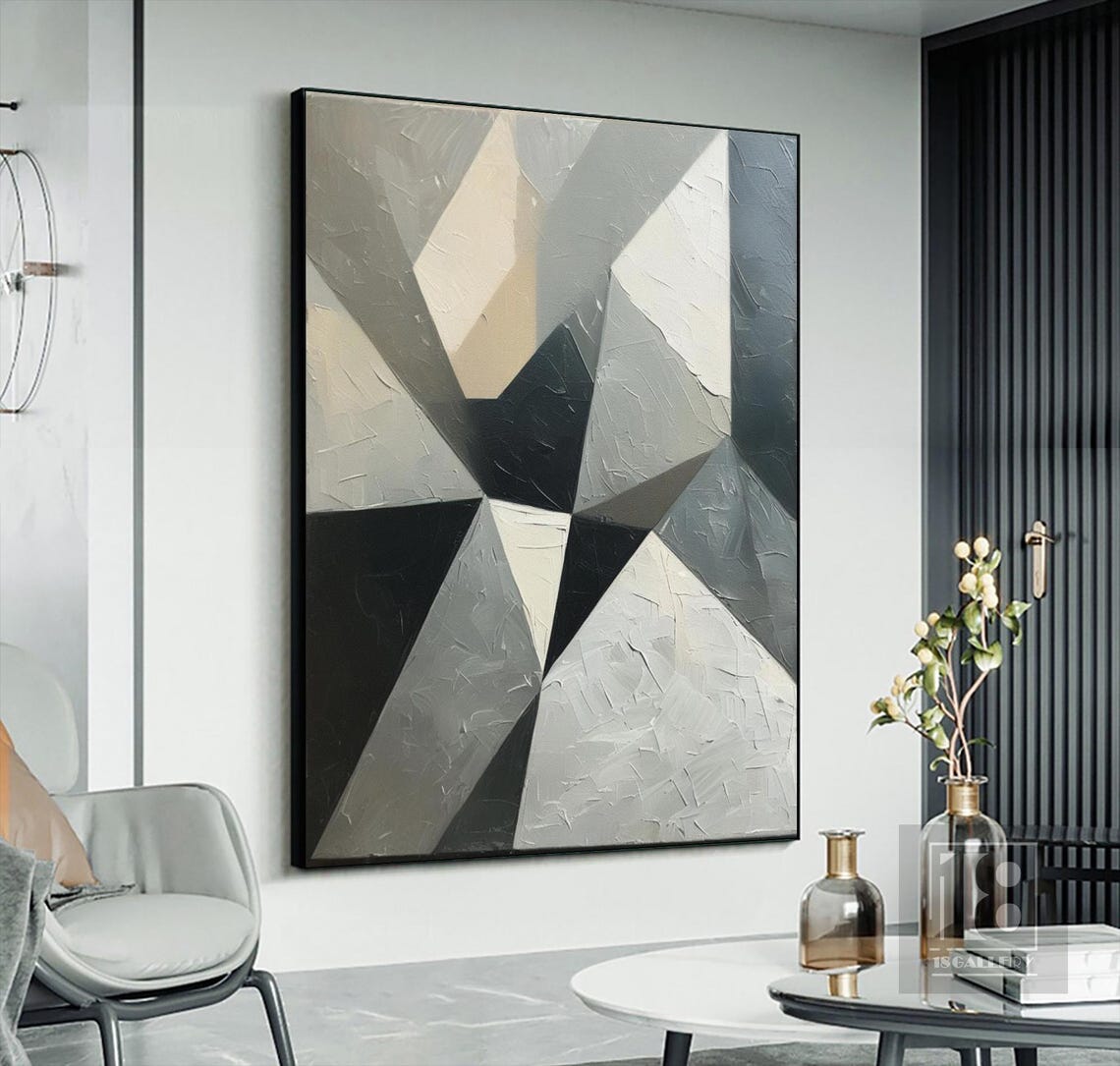 Black Gray White Faceted Triangles Low Poly Geometric Abstract Poster - Image 2
