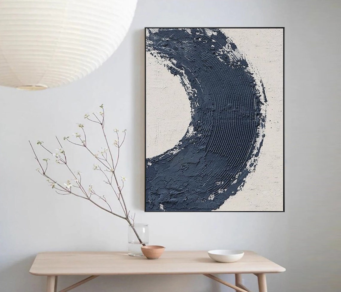 Navy Blue Enso Circle Brushstroke on Cream Minimalist Abstract Poster - Image 2