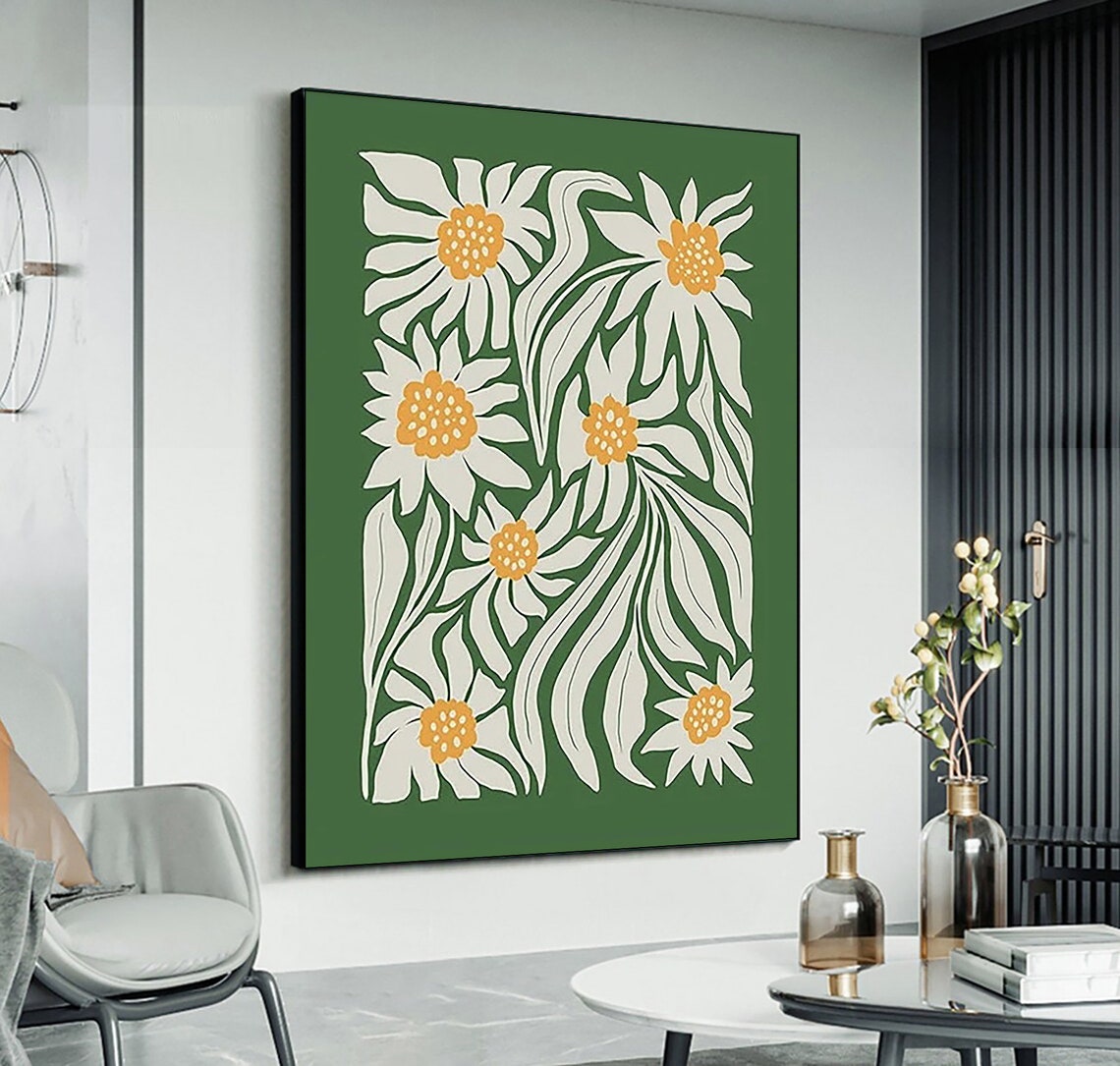 Green Retro Daisy Floral Art With Mustard Centers Botanical Poster - Image 3