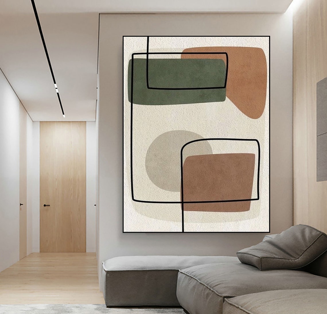 Green Brown Blocks Line Outline Mid Century Framed Art Poster - Image 3