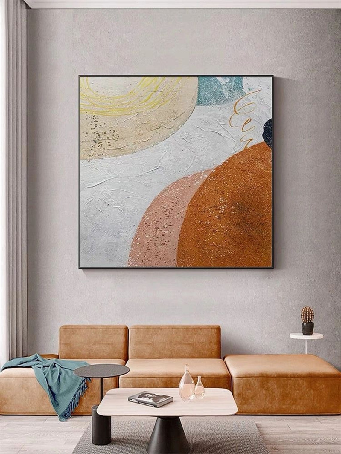 Vertical Golden Sun Circle Orange White Teal Textured Art Poster - Image 2