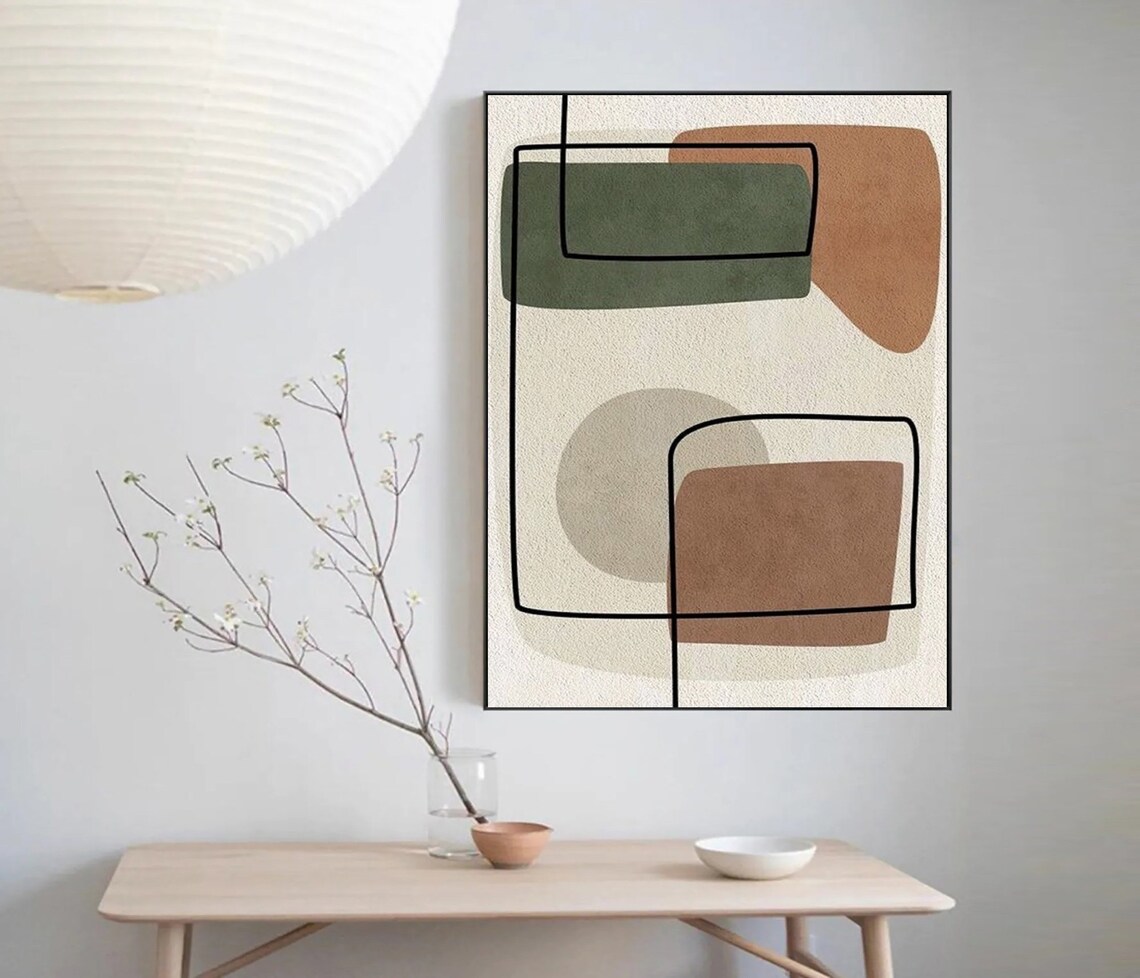 Green Brown Blocks Line Outline Mid Century Framed Art Poster - Image 2
