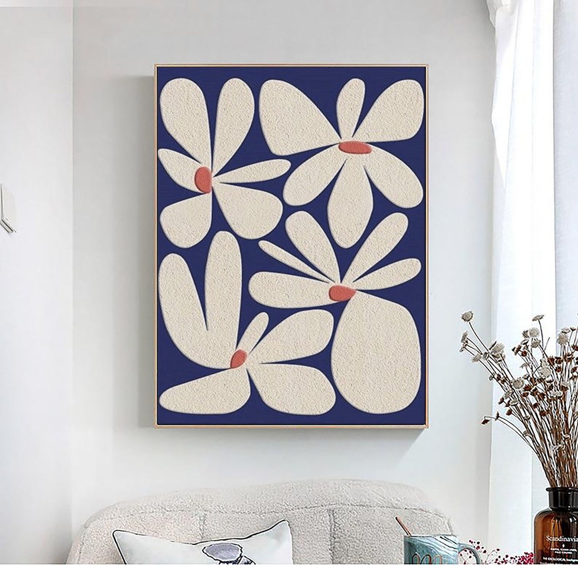 White Stylized Flowers with Coral Centers on Navy Modern Floral Poster - Image 3
