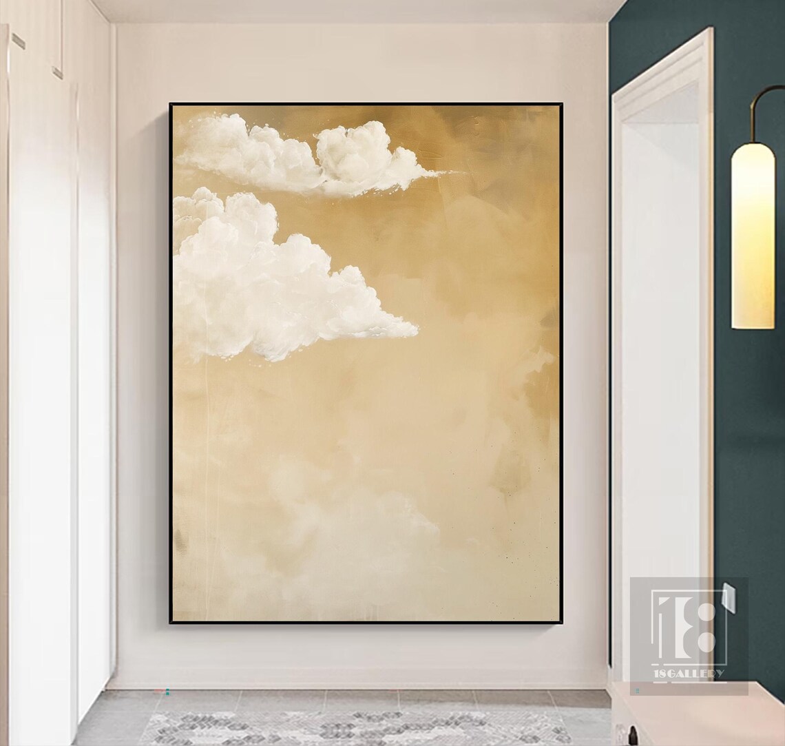 White Clouds on Golden Ochre Sky Warm Minimalist Landscape Art Poster - Image 2