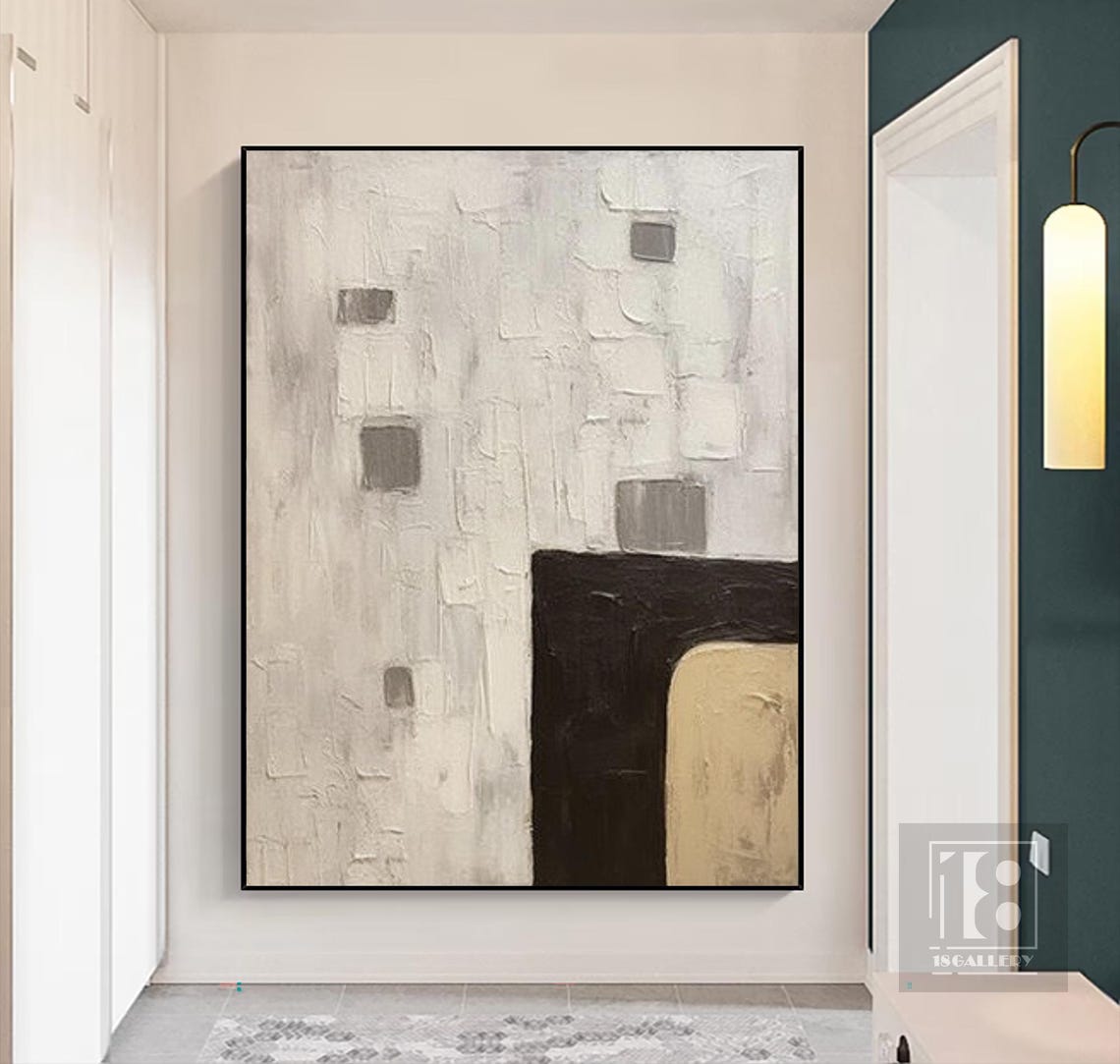 Scattered Gray Squares With Black Block on Pale Abstract Poster - Image 3