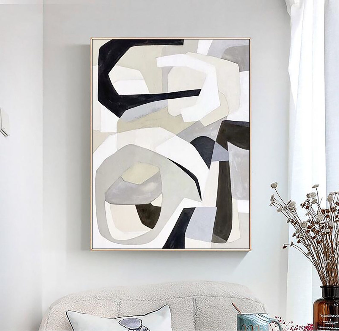 Geometric Black White Beige Blocks Modern Abstract Art Poster - Image 2