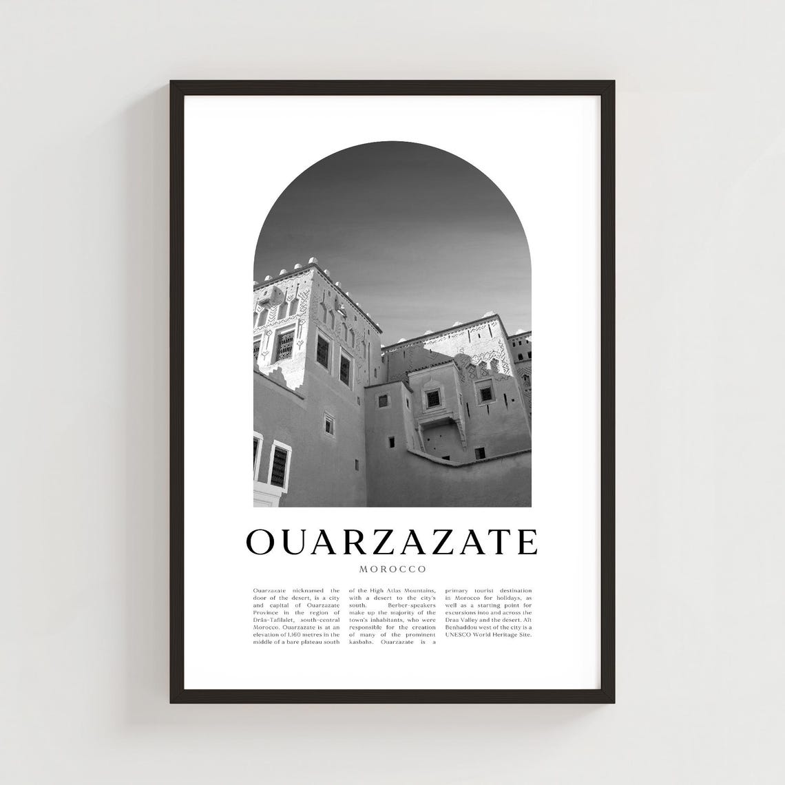 Ouarzazate Morocco Black and White Kasbah Arch Travel Poster
