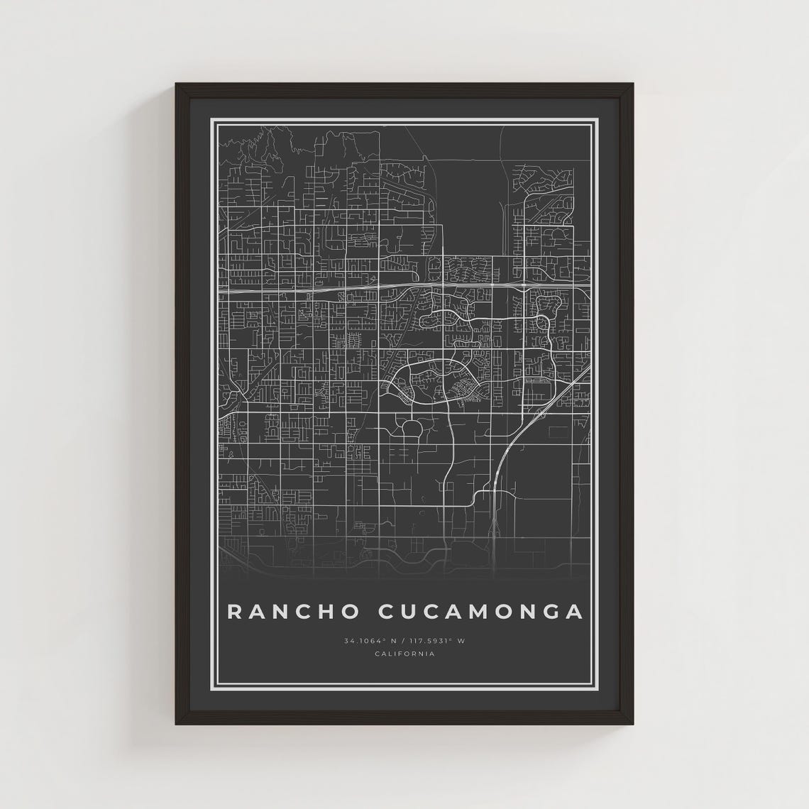Rancho Cucamonga California Black Street Map Coordinates Poster