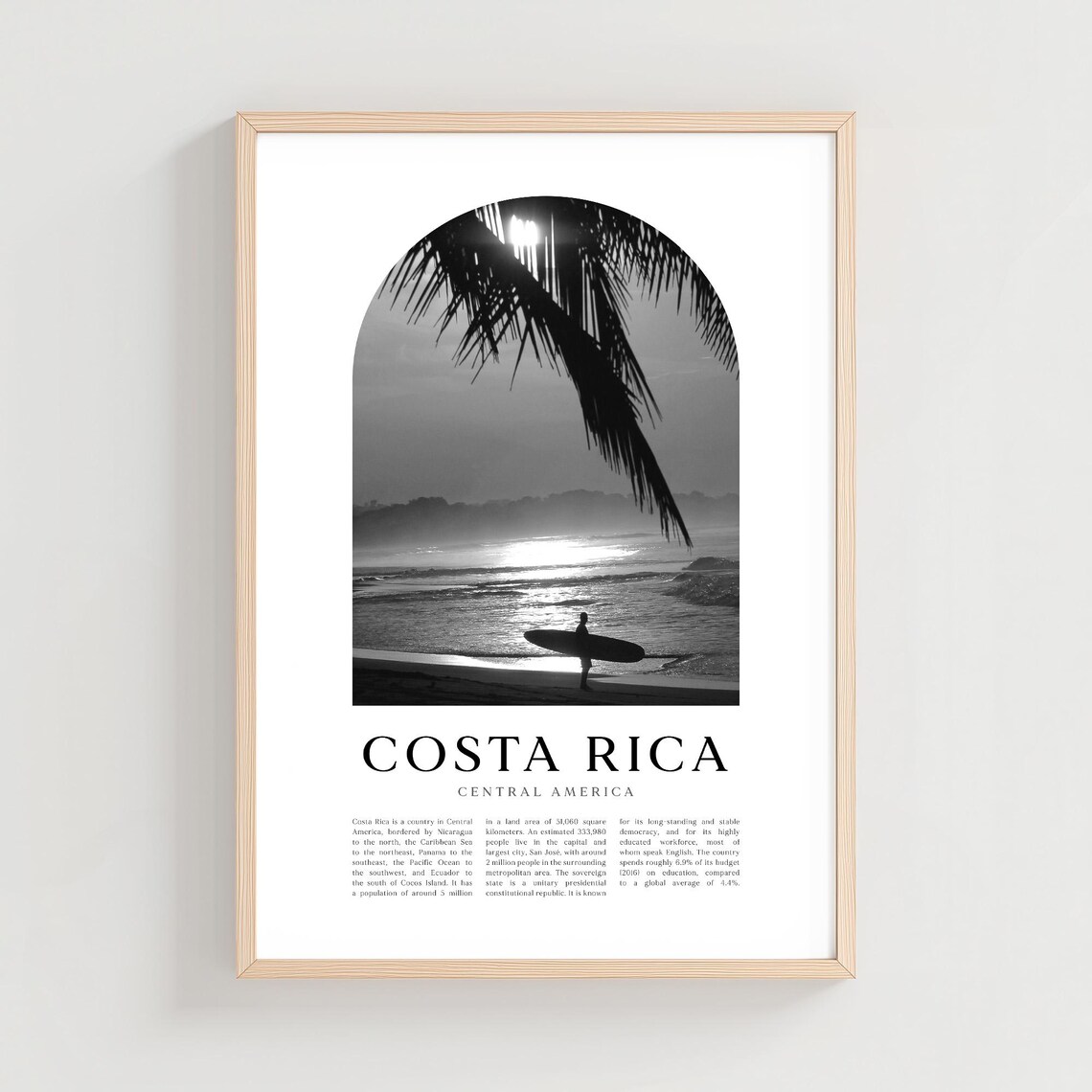 Costa Rica Black and White Sunset Surfer Beach Palm Travel Poster