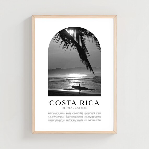 Costa Rica Black and White Sunset Surfer Beach Palm Travel Poster