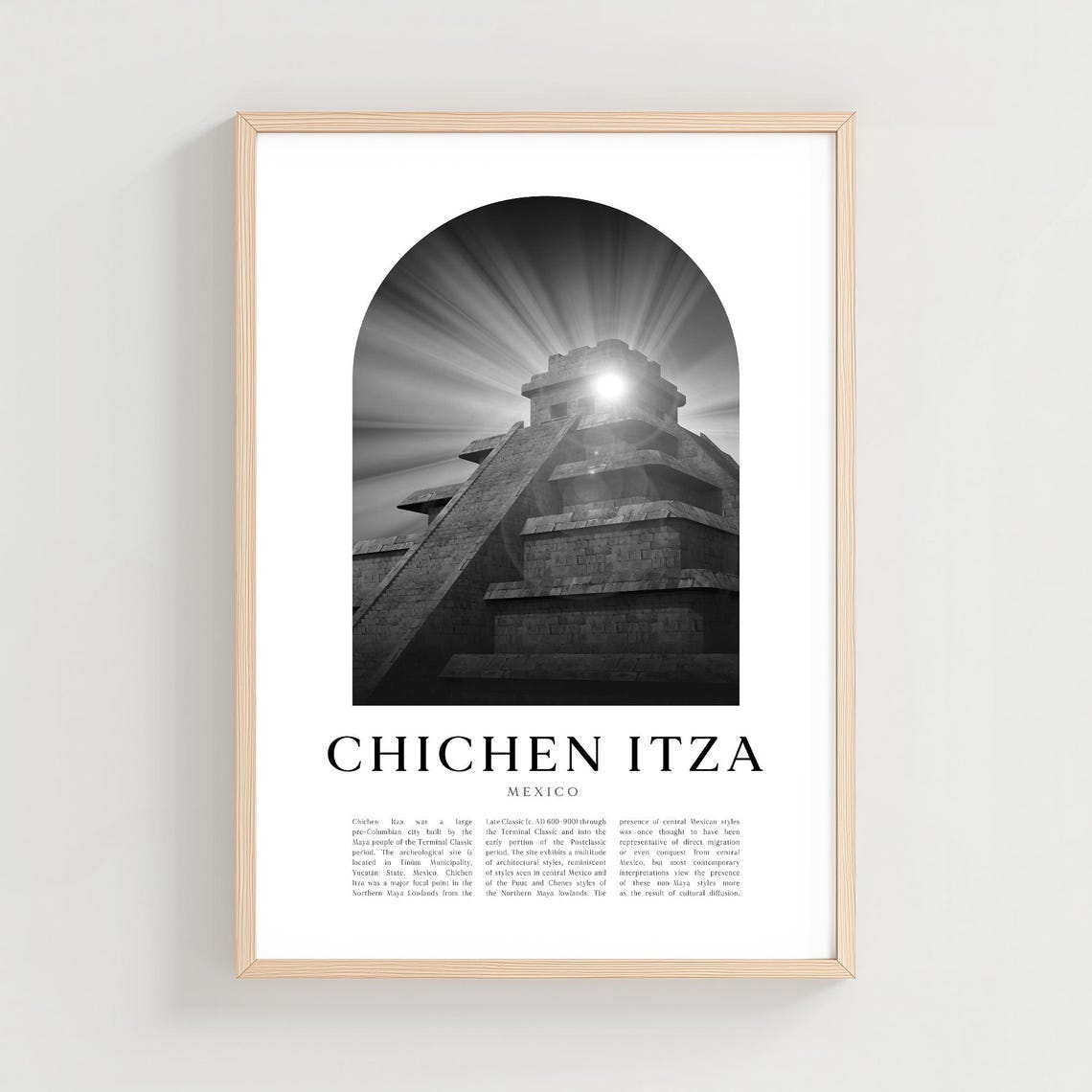 Chichen Itza Pyramid Sunburst Black and White Mexico Travel Poster