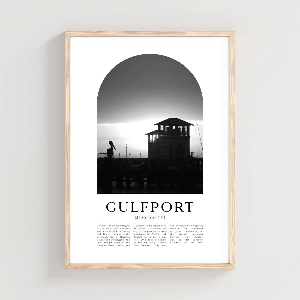 Gulfport Mississippi Sunset Marina Silhouette Black and White Poster