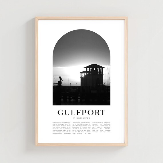 Gulfport Mississippi Sunset Marina Silhouette Black and White Poster