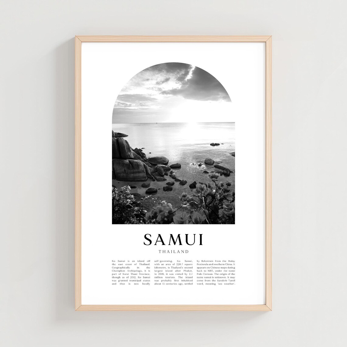 Ko Samui Thailand Black and White Rocky Coast Minimalist Poster
