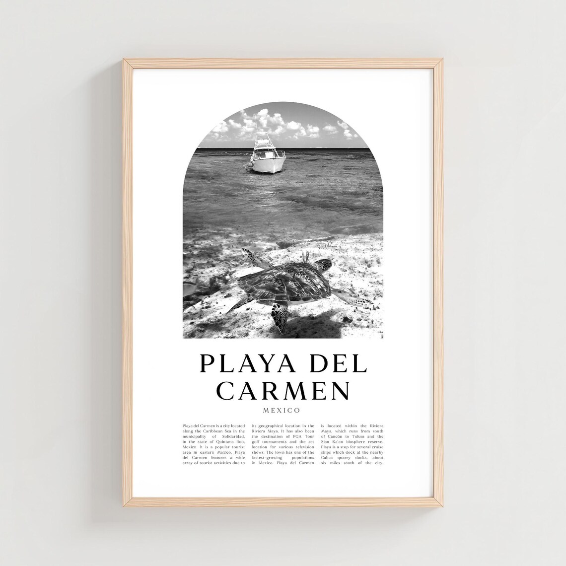 Playa del Carmen Sea Turtle Black and White Mexico Travel Poster