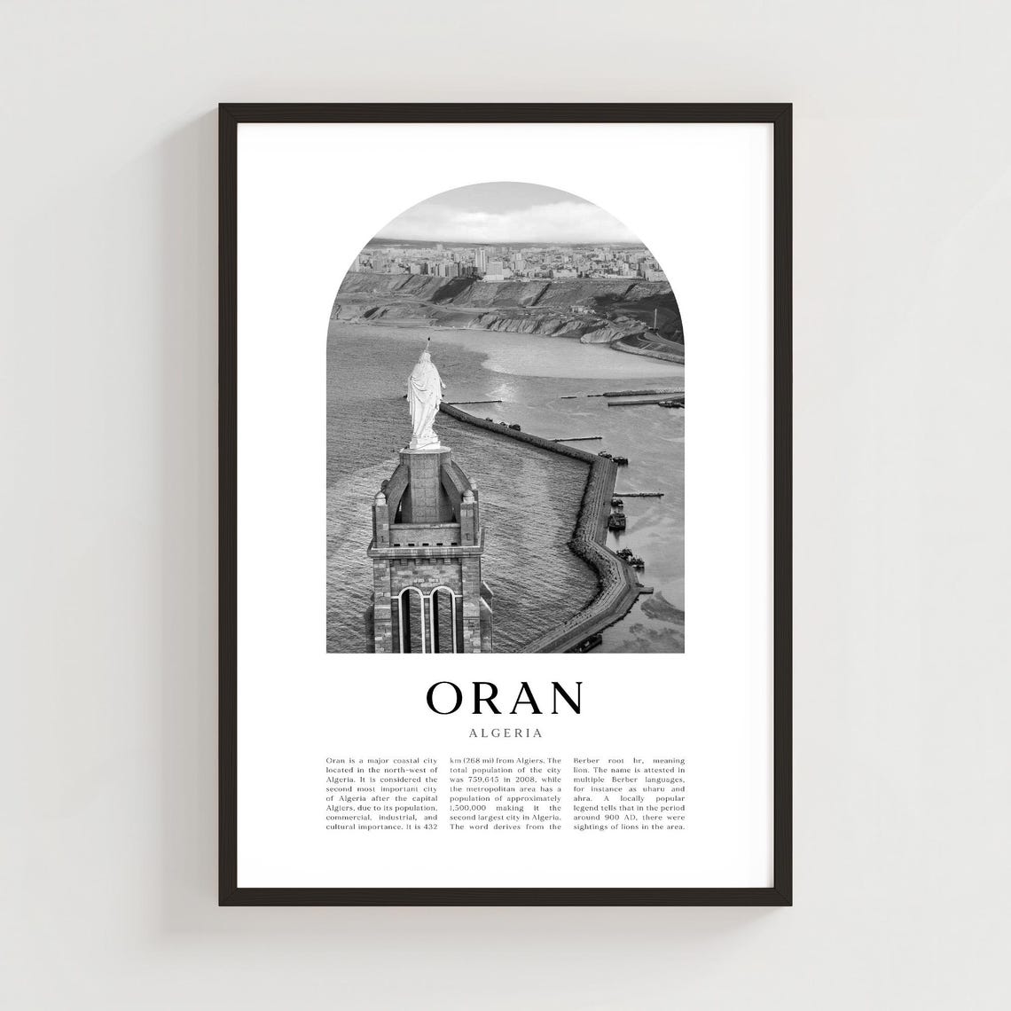 Oran Algeria Virgin Mary Statue Harbor Overlook Black White Poster