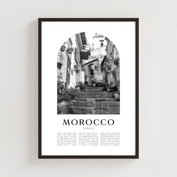 Morocco Stone Alley With Stairs and Pots Black and White Photo Poster