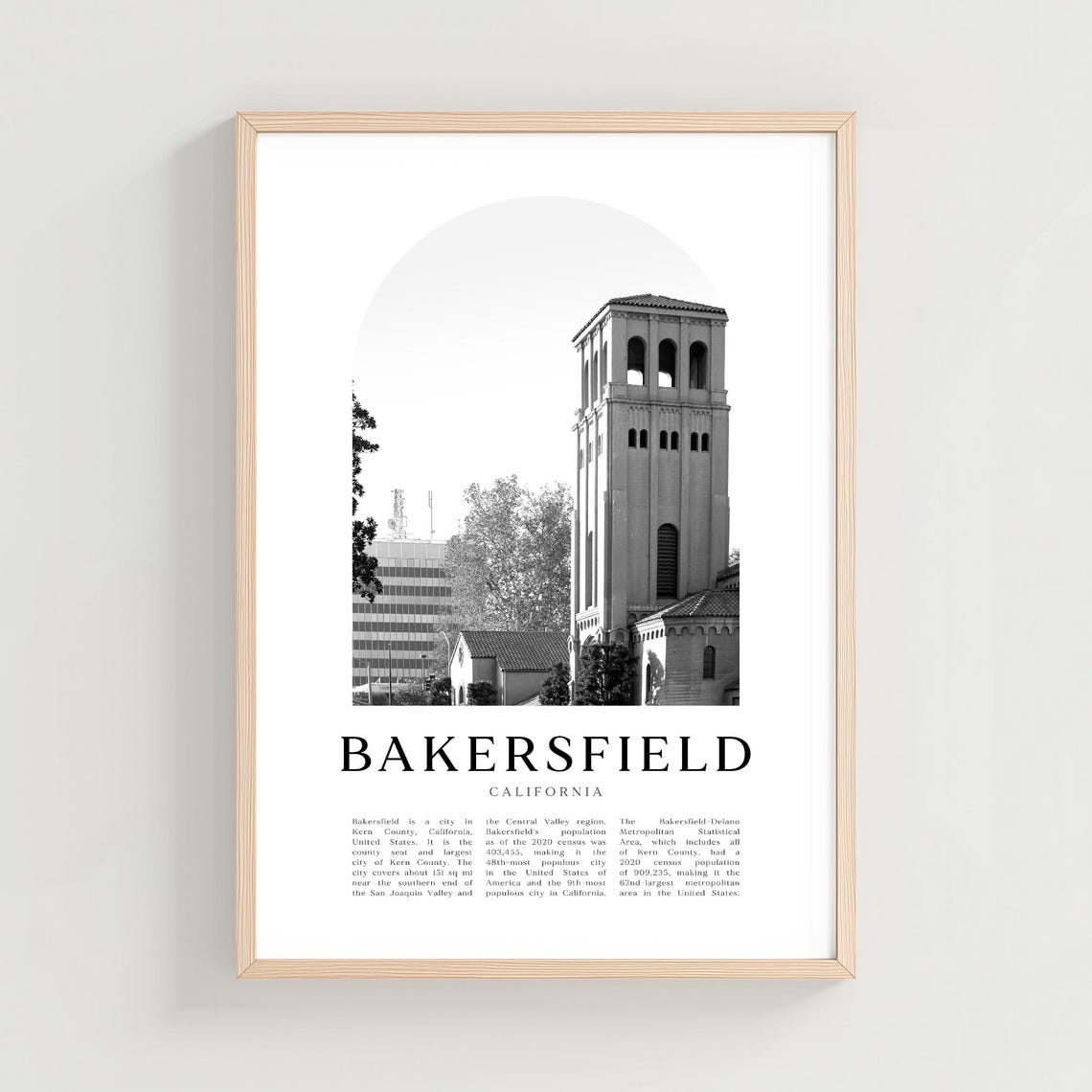 Bakersfield California Black and White Bell Tower Arch Poster