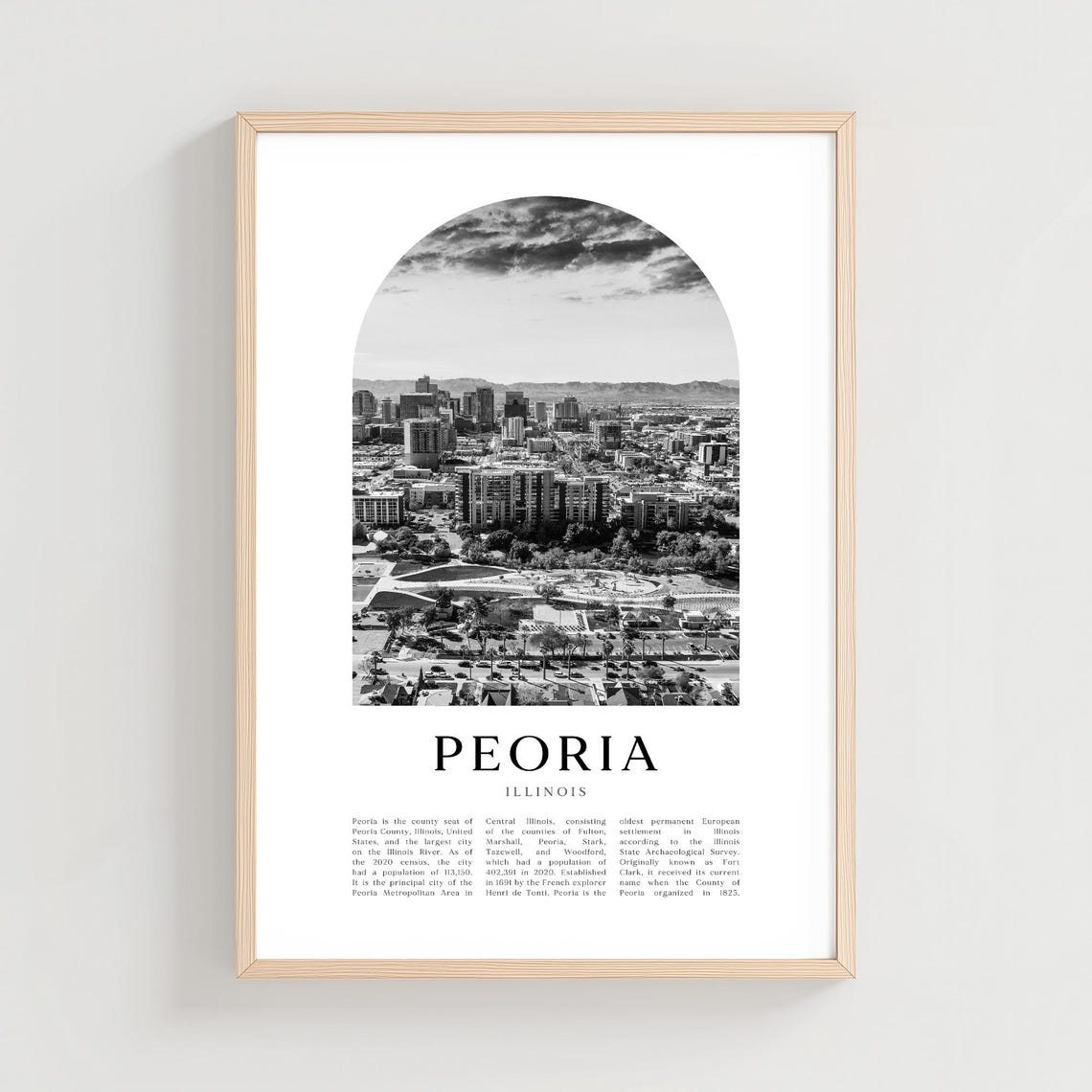 Peoria Illinois Black and White Downtown Skyline Photo Poster