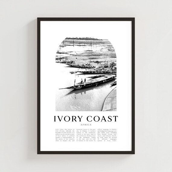 Ivory Coast Africa River Boats Black And White Travel Poster