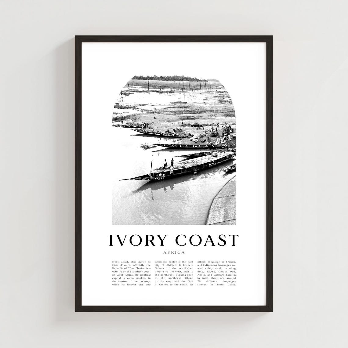 Ivory Coast Africa River Boats Black And White Travel Poster