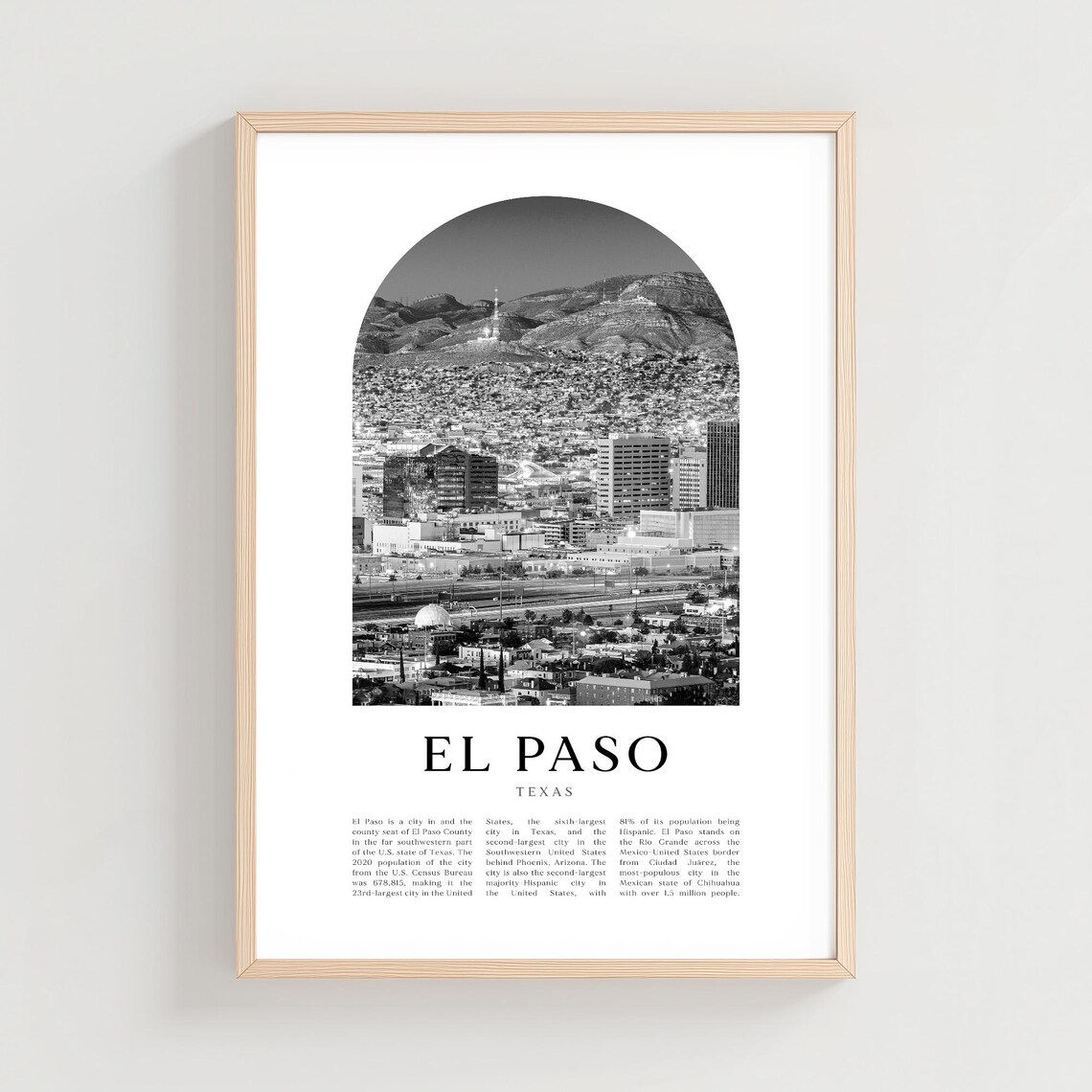 El Paso Texas Black and White Mountain Cityscape Arch Photo Travel Poster
