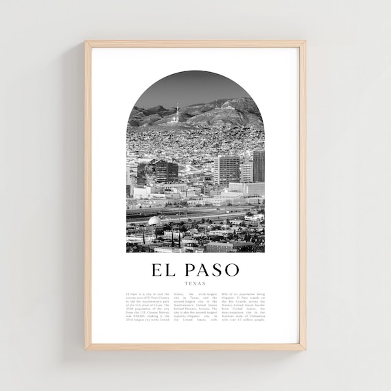 El Paso Texas Black and White Mountain Cityscape Arch Photo Travel Poster