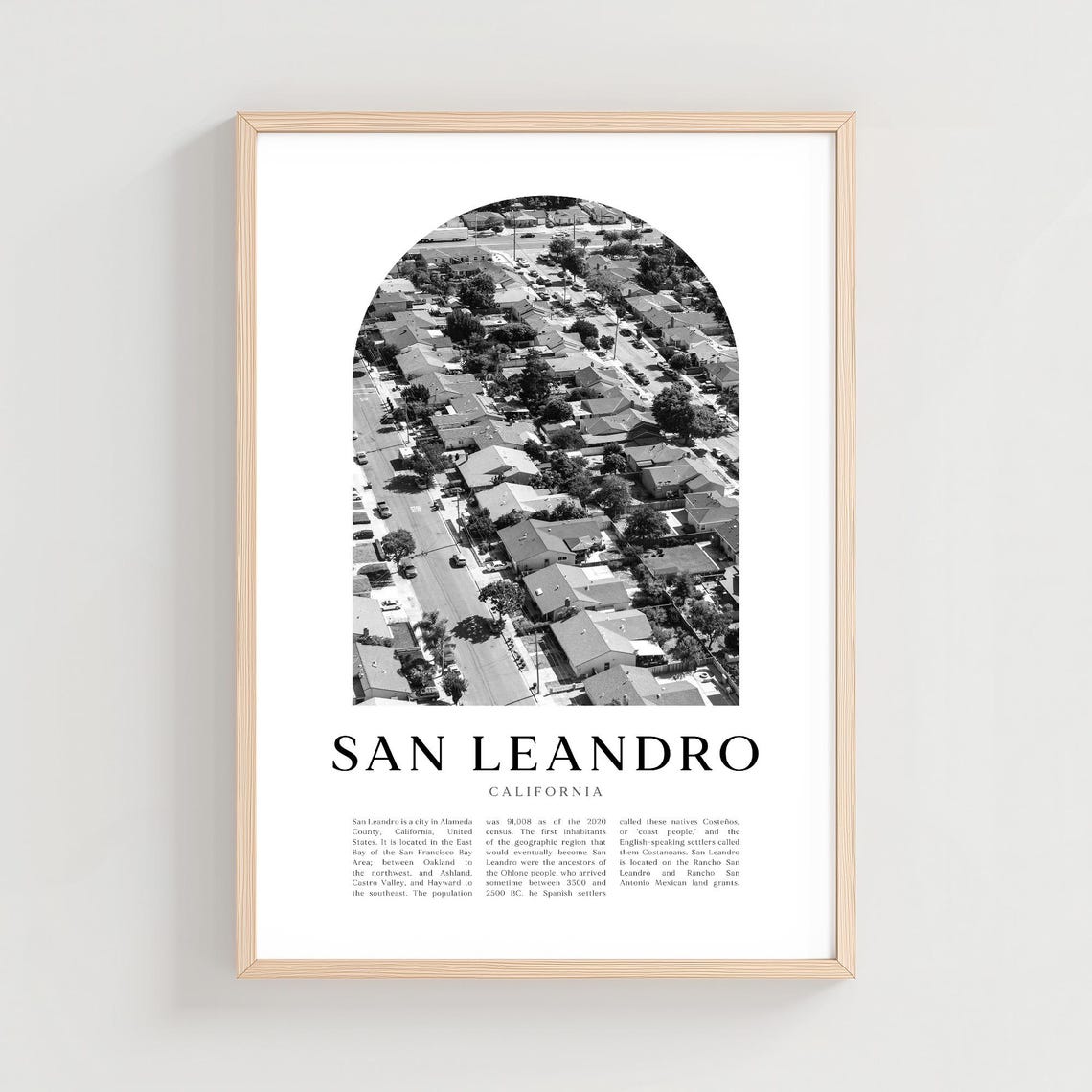 San Leandro California Aerial Neighborhood Black White Photo Poster