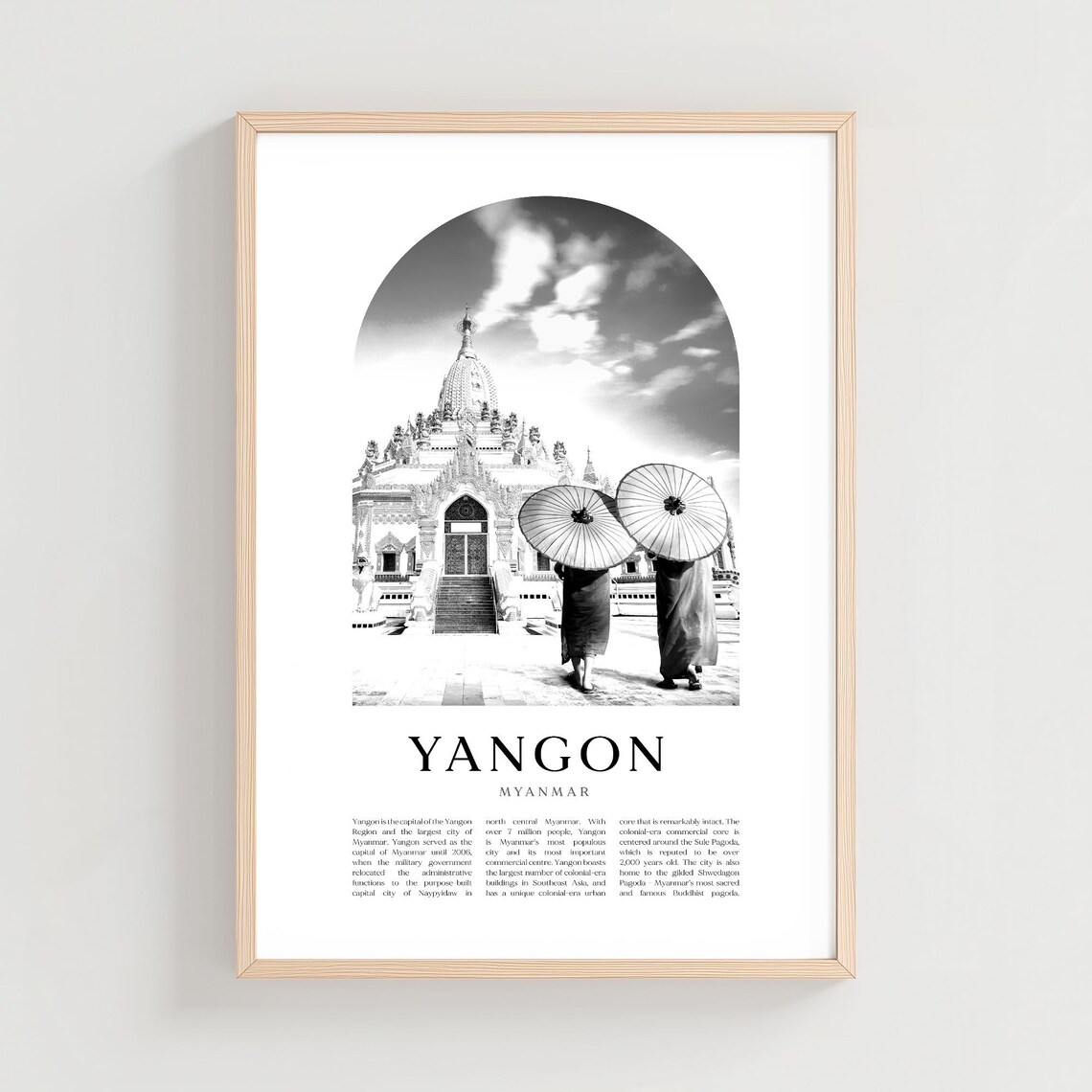 Yangon Myanmar Poster Black White Shwedagon Pagoda Monks Photo Art