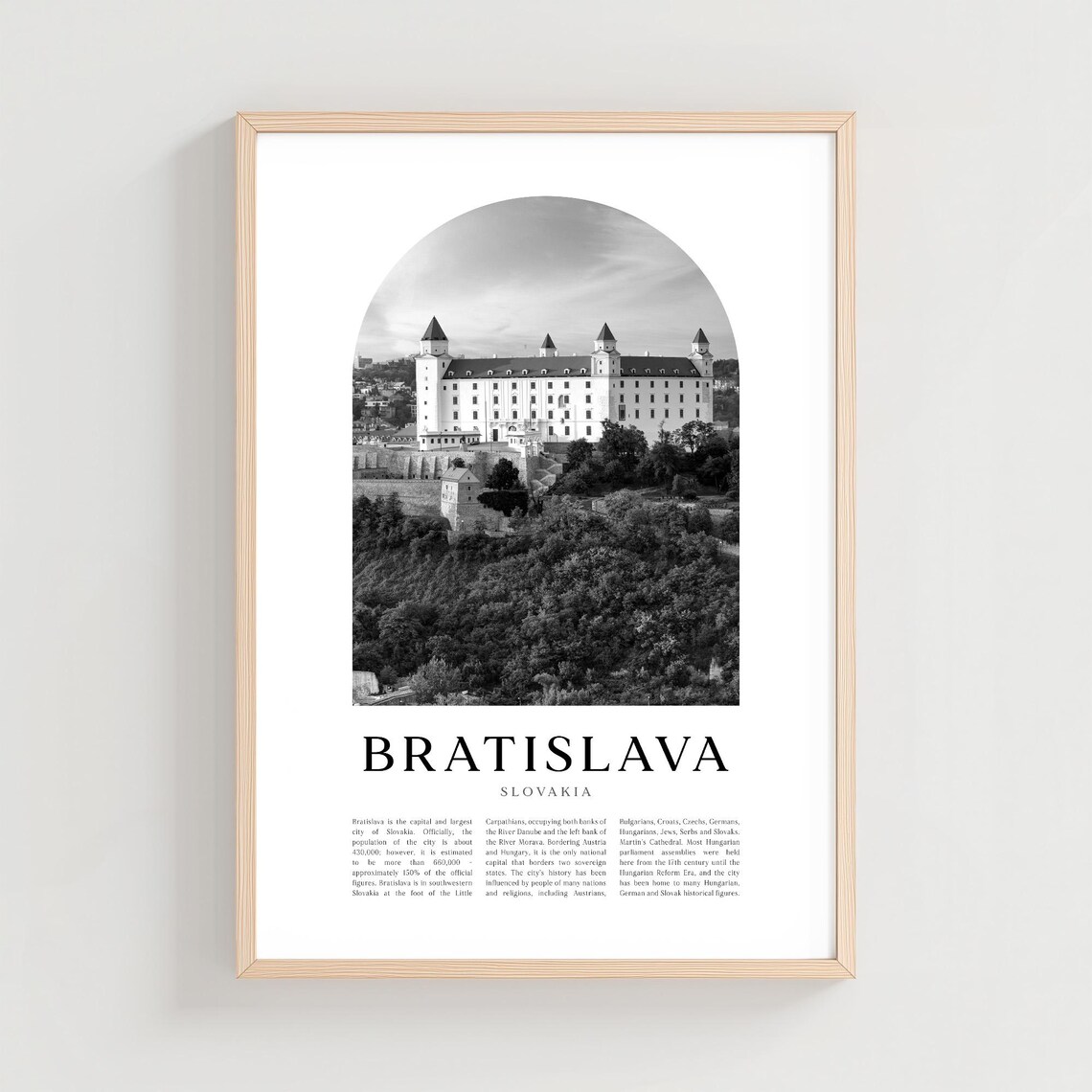 Bratislava Castle Wooded Hill Black and White Slovakia City Poster