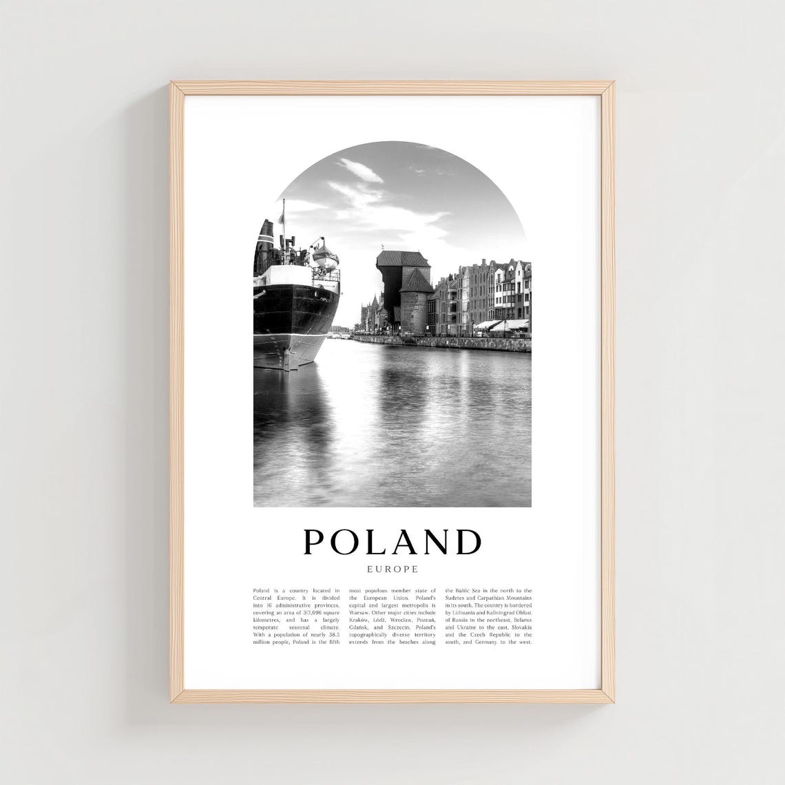 Poland Gdansk Harbor Tall Ship Black and White Arch Travel Poster
