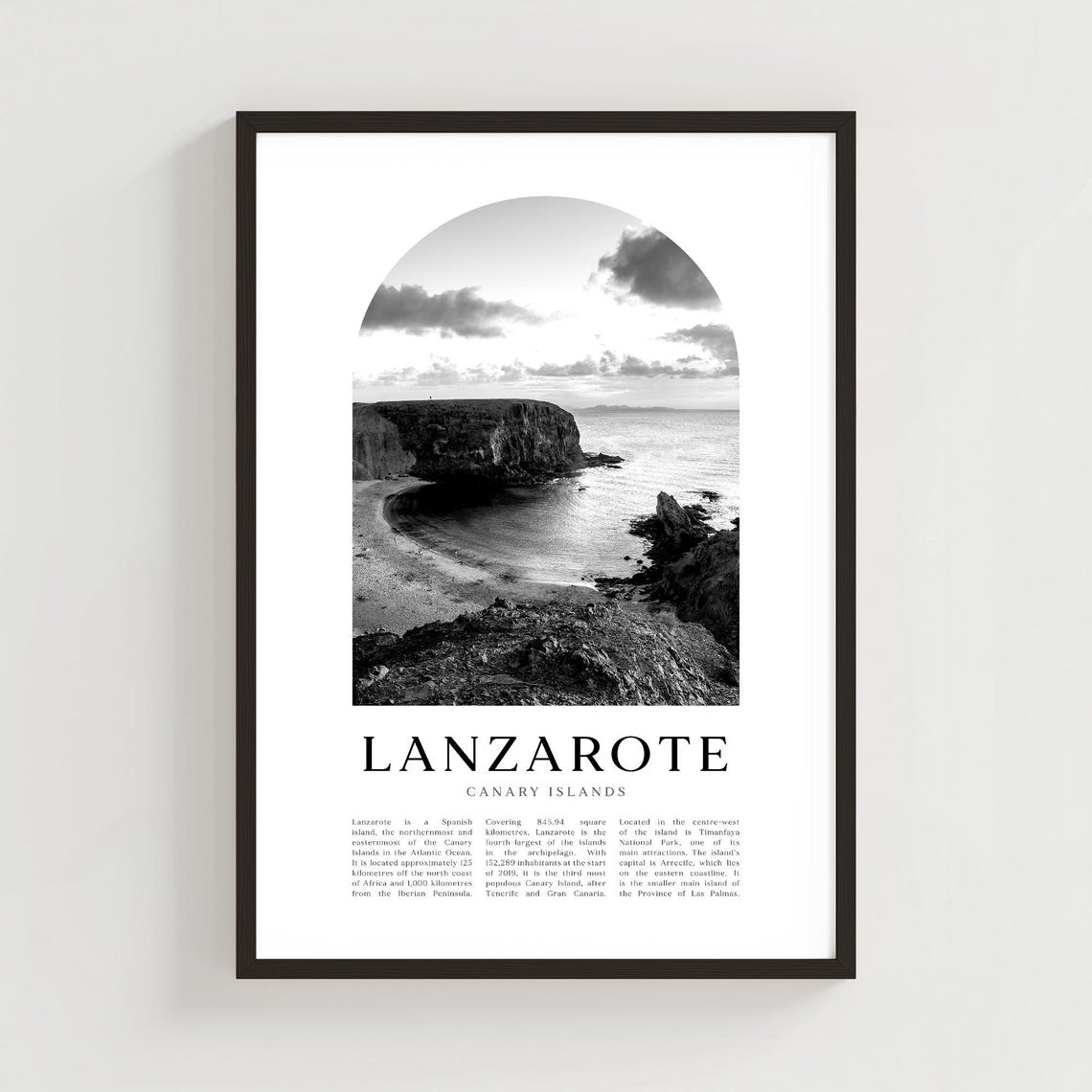 Lanzarote Canary Islands Black and White Coastline Travel Poster