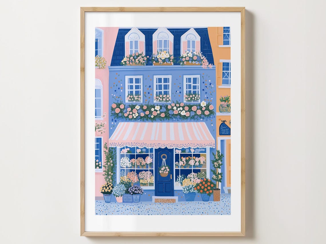 Blue Parisian Flower Shop With Dormer Windows and Roses Print
