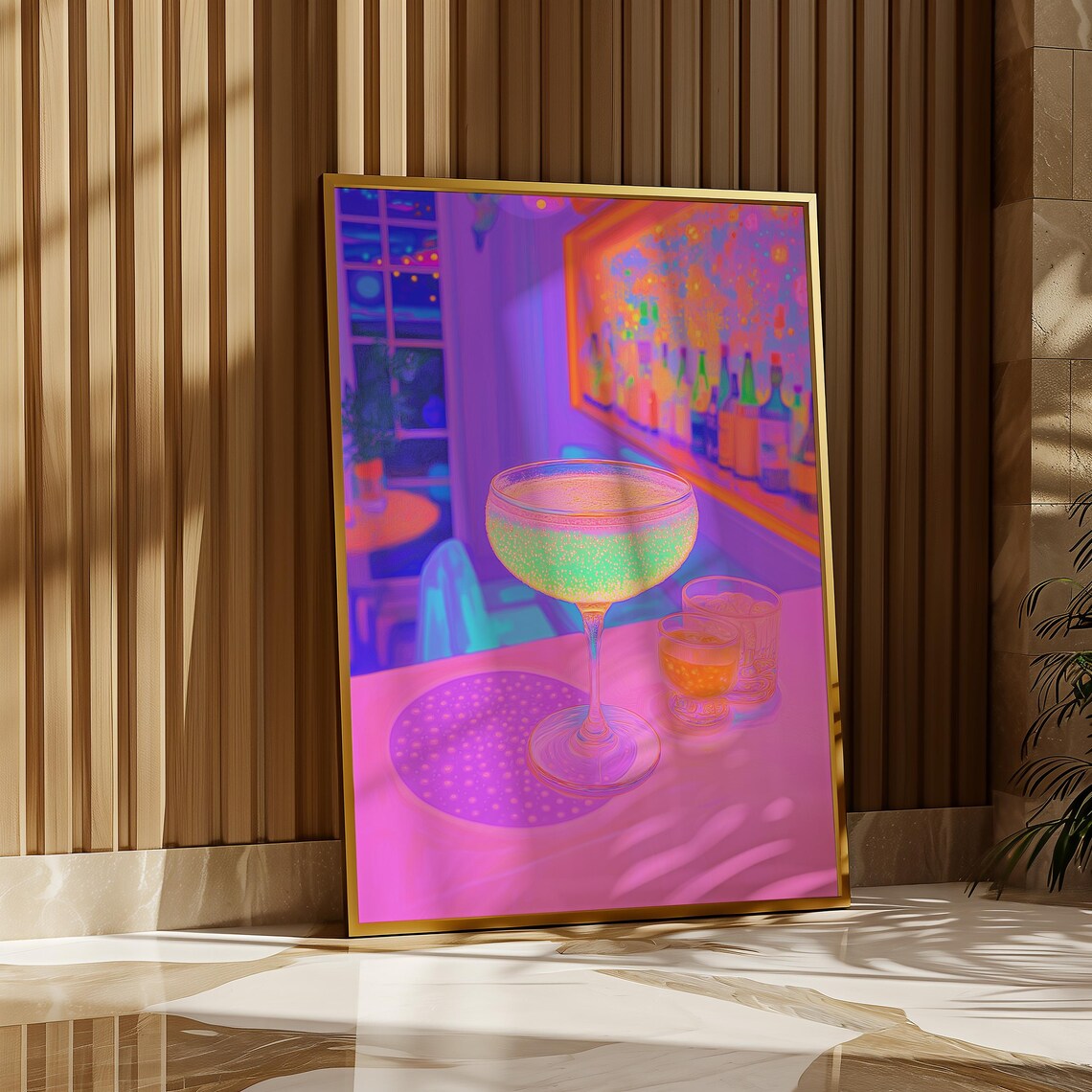 Glowing Champagne Coupe Glass in a Vibrant Pink Neon Bar Wall Art - Image 2
