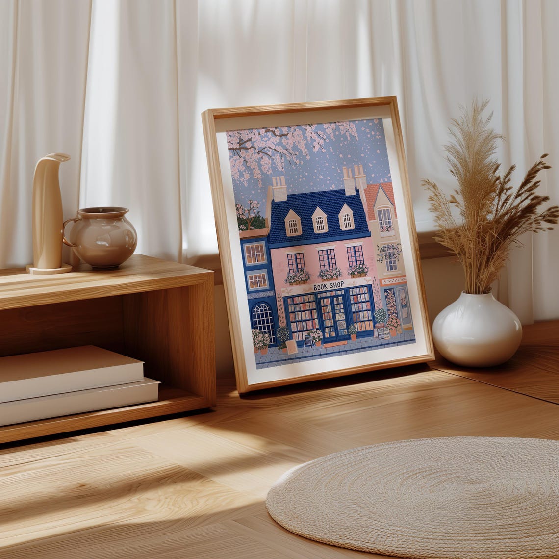 Pink And Blue Corner Bookshop Under Cherry Blossom Branches Poster - Image 4