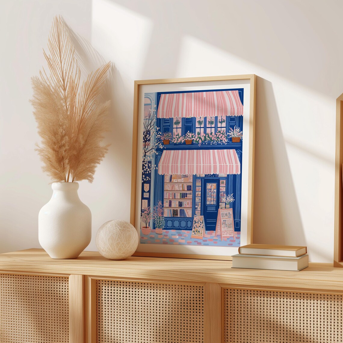 Blue Bookshop With Double Pink Awnings And Blossom Tree Street Poster - Image 2