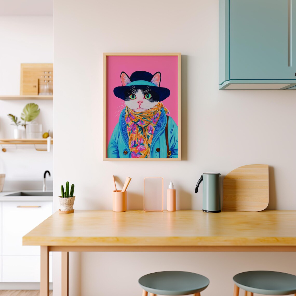 Dapper Cat Portrait In Hat Coat And Floral Scarf On Pink Poster - Image 4