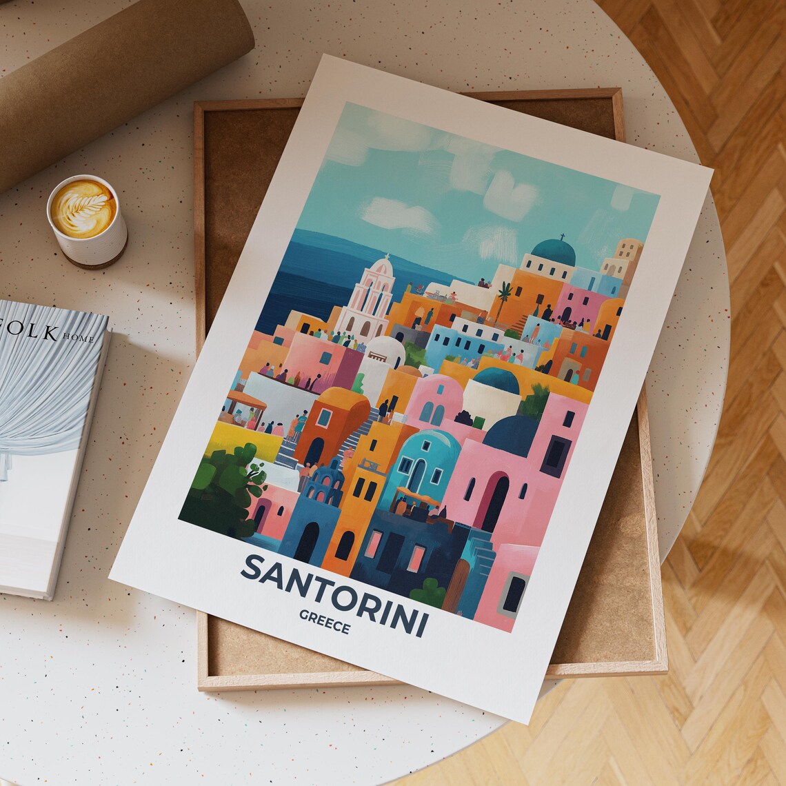 Santorini Cliffside Village in Dreamy Pastel Colors Travel Poster - Image 3