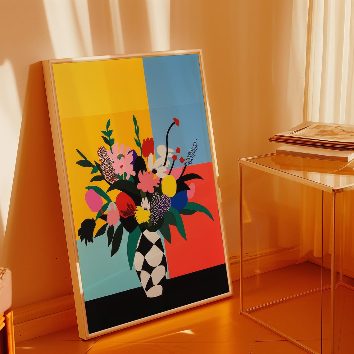 Bold Color Block Flower Bouquet in a Checkered Vase Wall Art - Image 3
