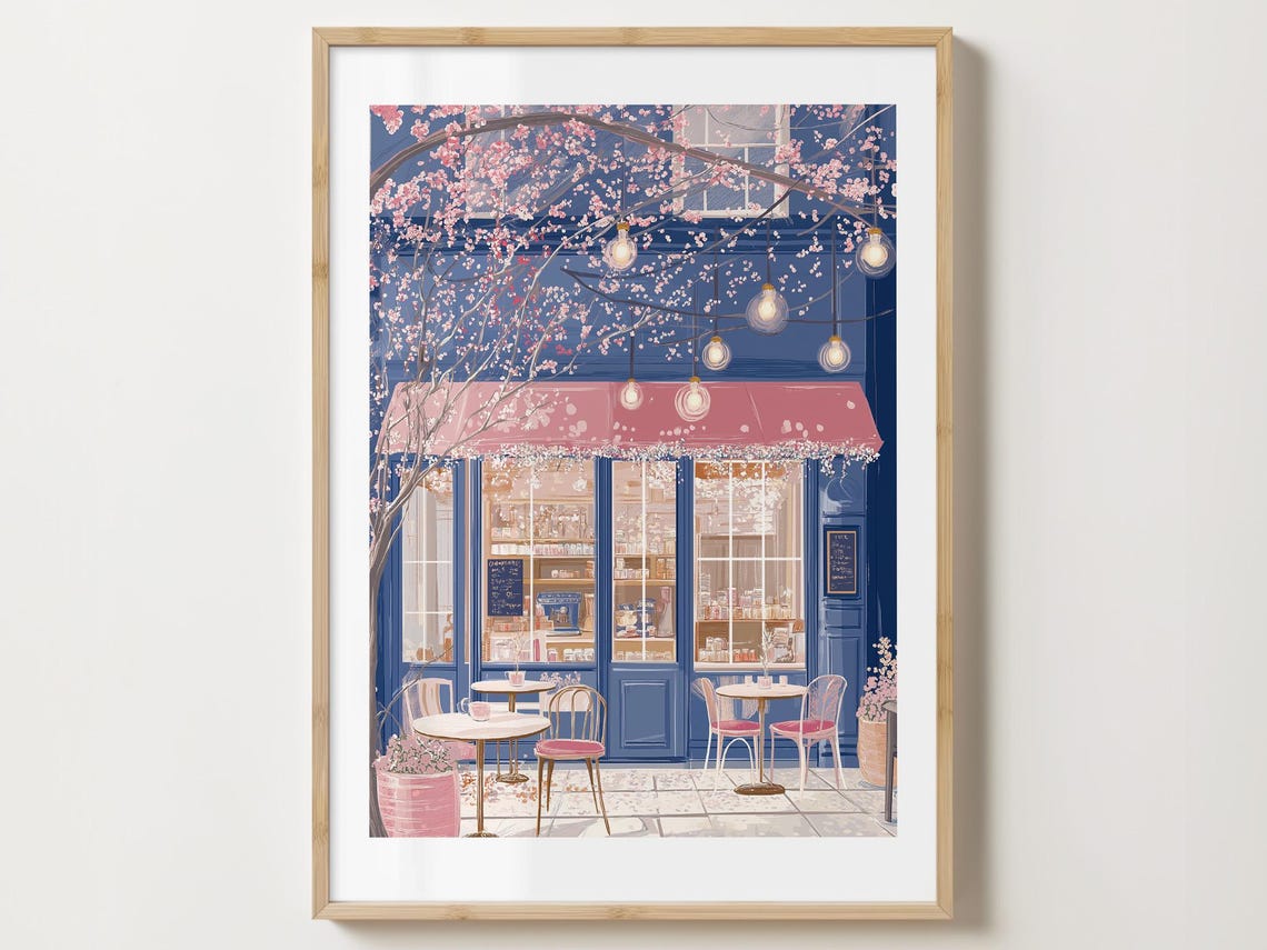 Evening Cafe with Glowing String Lights and Pink Awning Art Poster