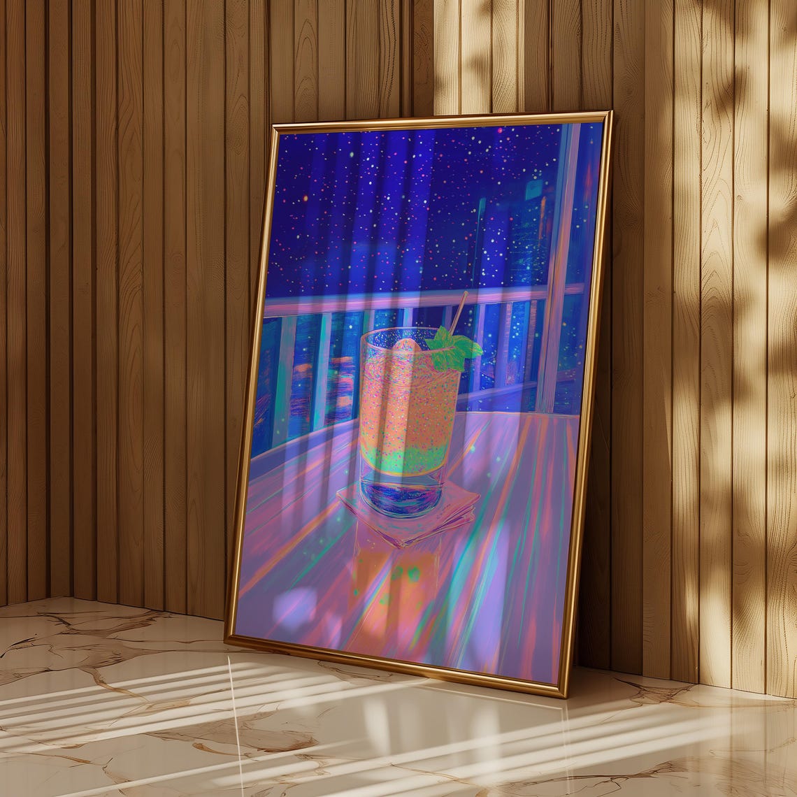 Neon Night Cocktail Glass With Mint on a Balcony Table Poster - Image 2
