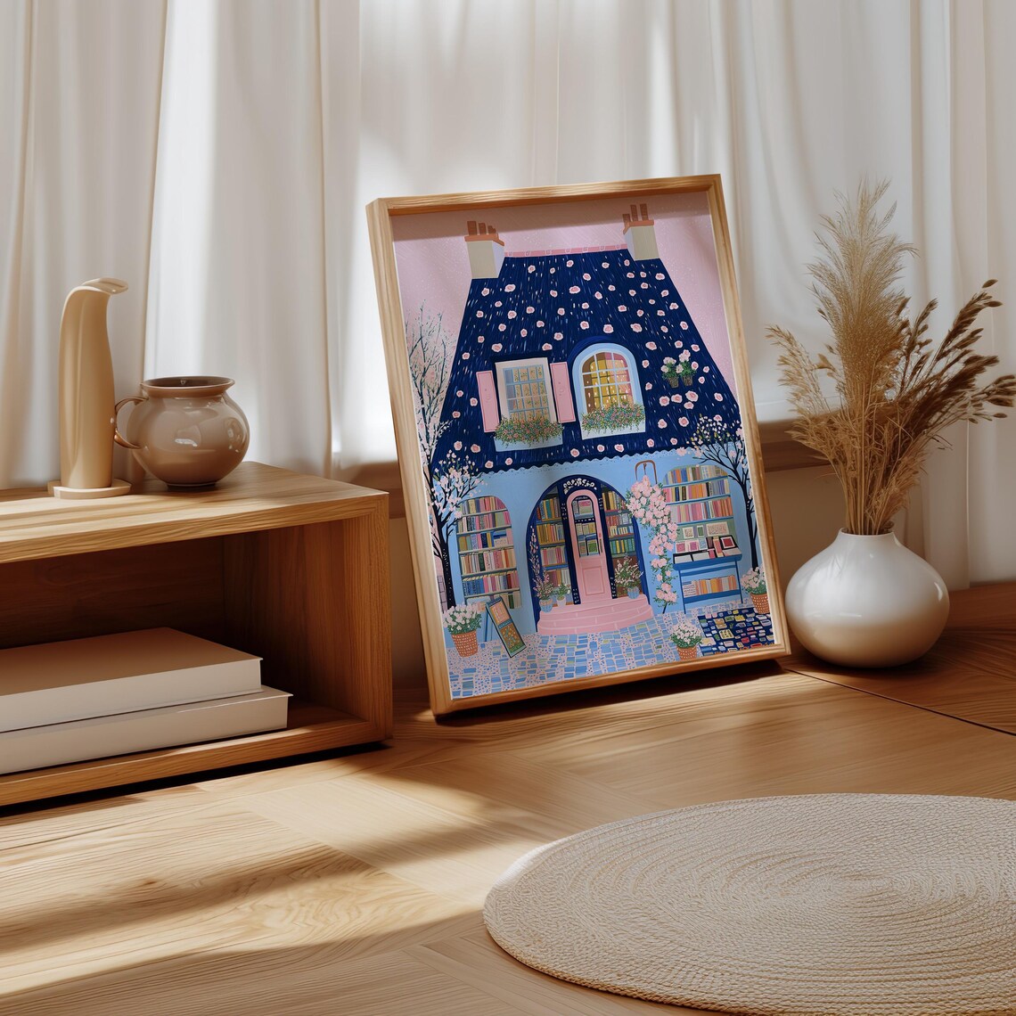 Pink Parisian Bookshop Cottage With Rose Covered Navy Roof Print - Image 2